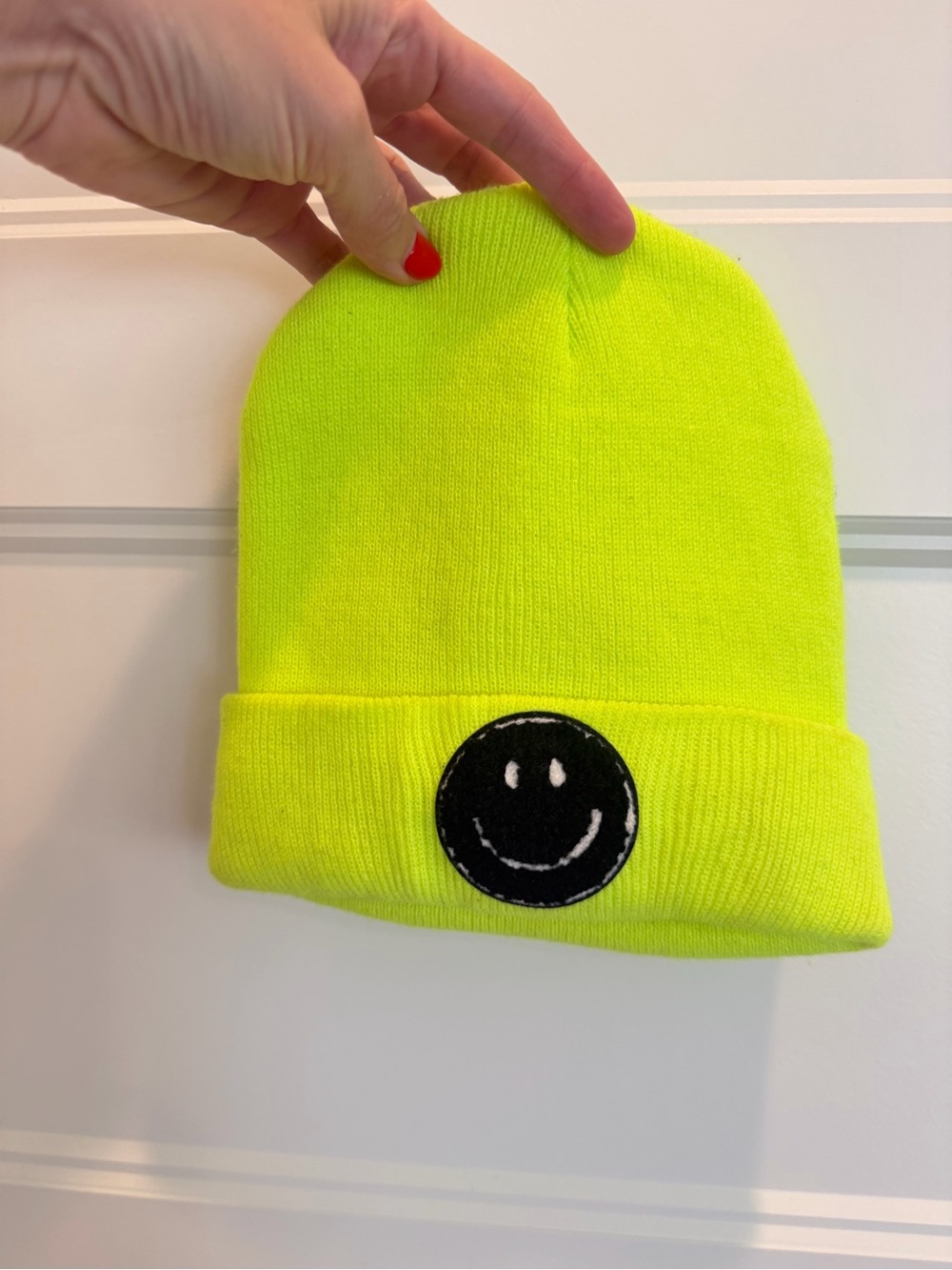 Neon Yellow Beanie with Smiley Patch